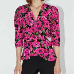 Zara Pink/ Black Floral Puff Sleeve Wrap Blouse Size Medium